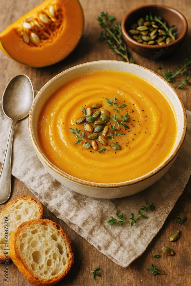 Creamy Pumpkin Soup Served in a Bowl With Fresh Herbs and Toasted Bread