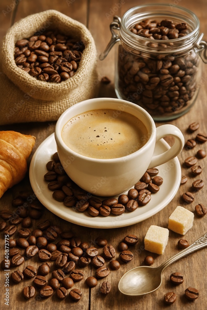 Warm Cup of Coffee With Scattered Beans and Pastry on Wooden Table in Cozy Cafe Setting