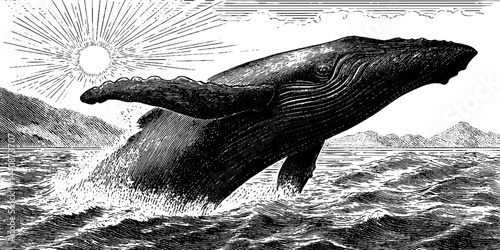 Engraved illustration of breaching whale in oceanic landscape with sunburst
