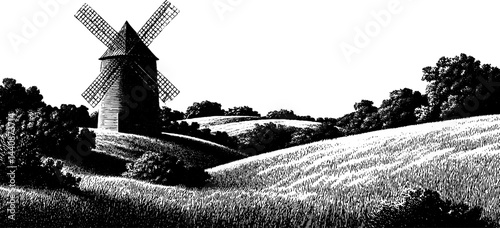 Engraved illustration of a classic windmill in a countryside landscape
