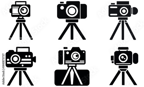black and white icons of various cameras mounted on tripods