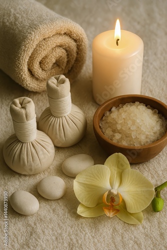 Obraz na płótnie Relaxing Spa Setup With Candles and Natural Elements for Holistic Wellness Experience w salonie