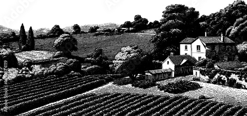 Rustic farm landscape engraving with rolling fields and rustic houses