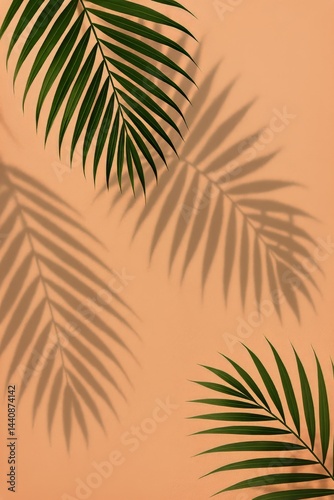 Shadows of Green Palm Leaves Create Interesting Patterns on a Pastel Background