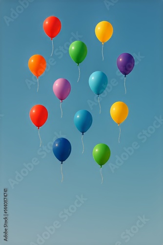 Colorful Balloons Floating Against a Clear Blue Sky Creating a Festive Atmosp...