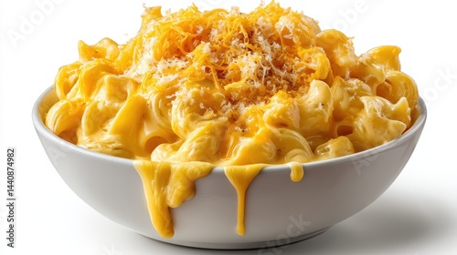 a bowl of warm, creamy mac and cheese with melted cheese on top on a white isolated background, cheesy and comforting design