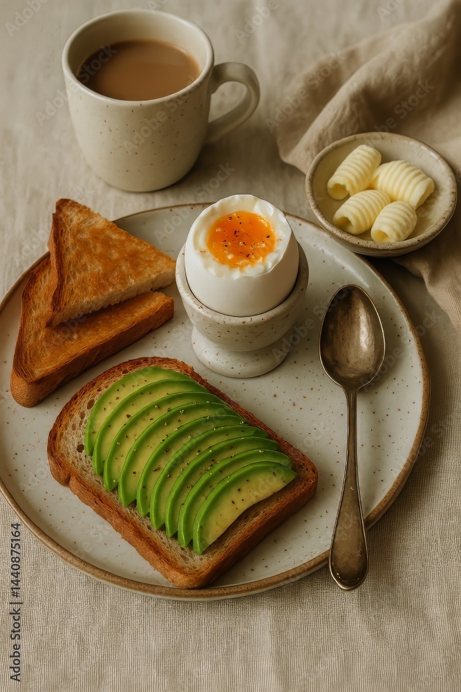Delicious Breakfast Featuring Avocado Toast, Soft Boiled Egg, and Coffee in a Cozy Setting