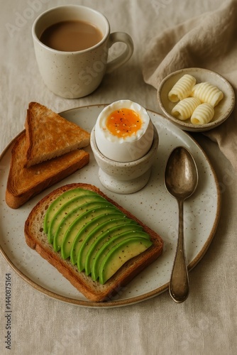 Obraz na płótnie Delicious Breakfast Featuring Avocado Toast, Soft Boiled Egg, and Coffee in a Cozy Setting w salonie