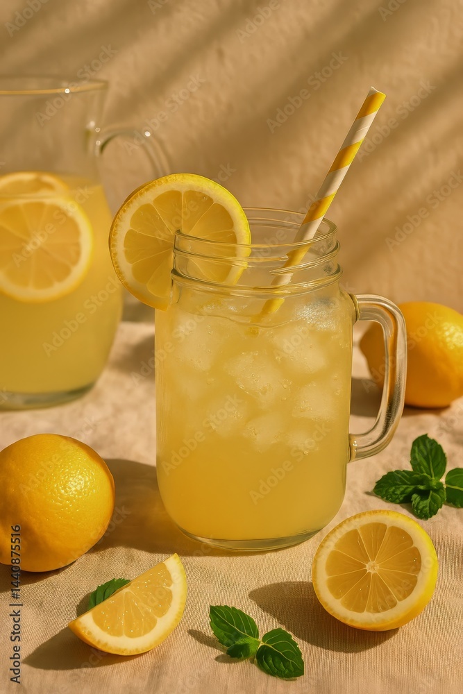 Refreshing Lemonade With Mint and Lemon on a Sunny Day in the Garden