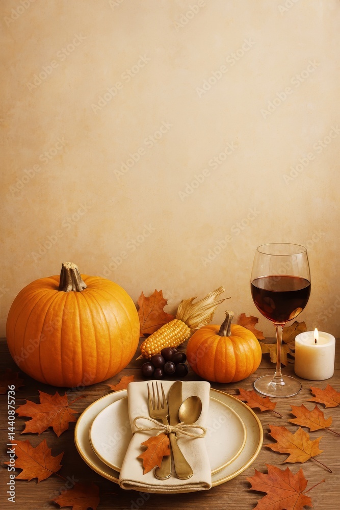 Festive Autumn Table Setting With Pumpkins, Wine, and Fall Leaves for Seasonal Celebration