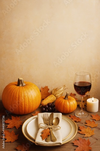 Obraz na płótnie Festive Autumn Table Setting With Pumpkins, Wine, and Fall Leaves for Seasonal Celebration w salonie