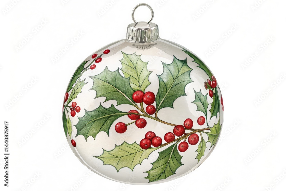 Fototapeta premium Decorative Glass Ornament Featuring Holly and Red Berries Generative AI