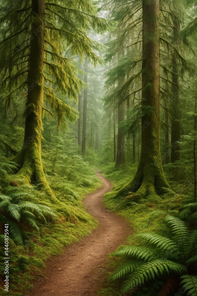 Lush Forest Pathway Winding Through Tall Trees and Ferns on a Misty Morning in a Tranquil Environment