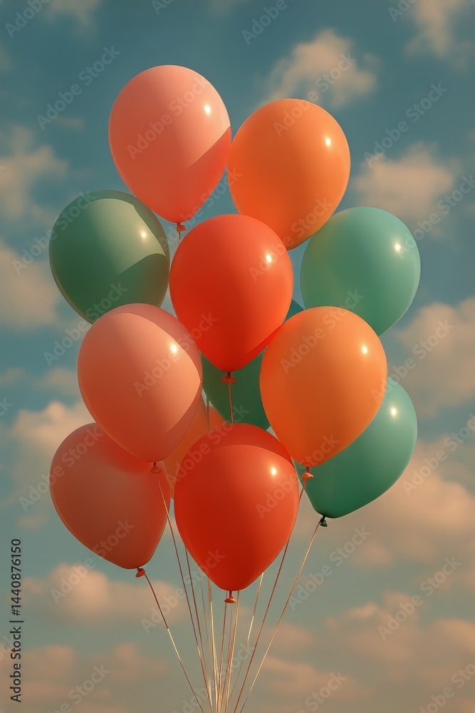 Colorful Balloons Floating Against a Blue Sky With Fluffy Clouds During a Sunny Day