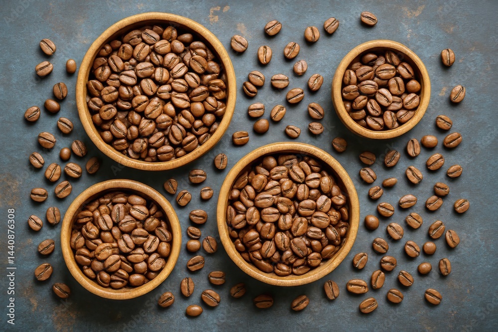 Freshly Roasted Coffee Beans Arranged in Wooden Bowls on Dark Surface