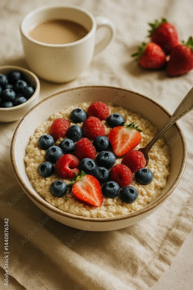 Fresh Berries Atop Oatmeal With Coffee on a Cozy Table Setting in the Morning