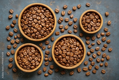 Obraz na płótnie Freshly Roasted Coffee Beans Arranged in Wooden Bowls on Dark Surface w salonie