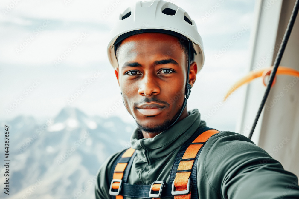 Focused Mountaineer in Safety Gear Against Mountain Scenery