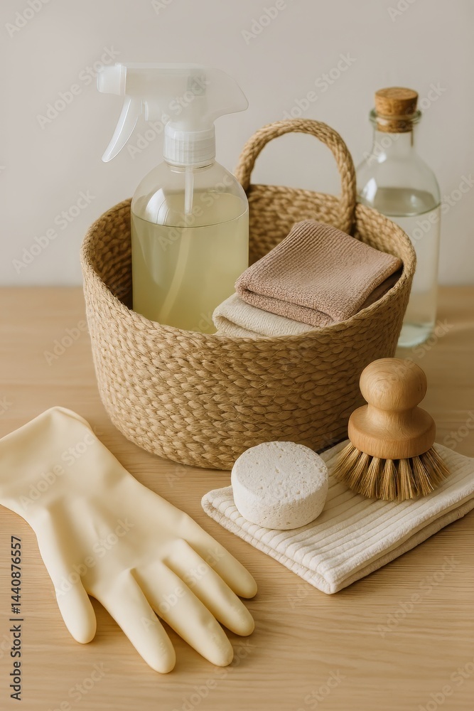 Cleaning Supplies and Accessories Organized in Natural Basket on Wooden Table