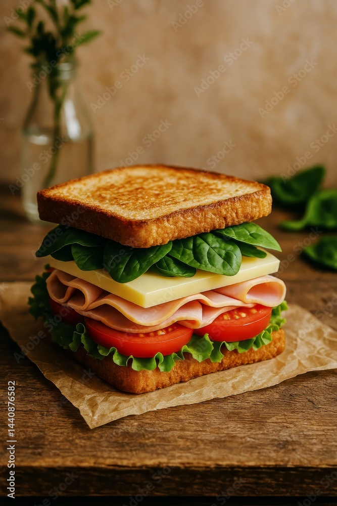 Delicious Sandwich Stacked With Ham, Cheese, Lettuce, and Tomato on a Wooden Table