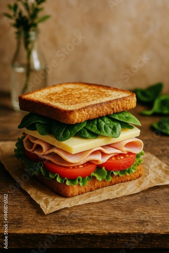 Obraz na płótnie Delicious Sandwich Stacked With Ham, Cheese, Lettuce, and Tomato on a Wooden Table w salonie