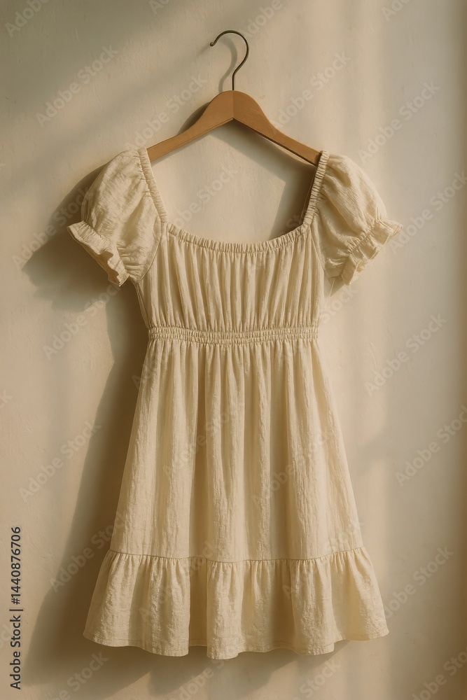 Elegant White Dress Hanging on a Rack With Soft Light Creating a Warm Ambiance