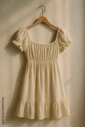 Obraz na płótnie Elegant White Dress Hanging on a Rack With Soft Light Creating a Warm Ambiance w salonie