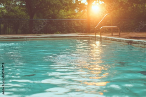 Sunset reflection on a tranquil swimming pool surrounded by lush greenery in a peaceful outdoor setting