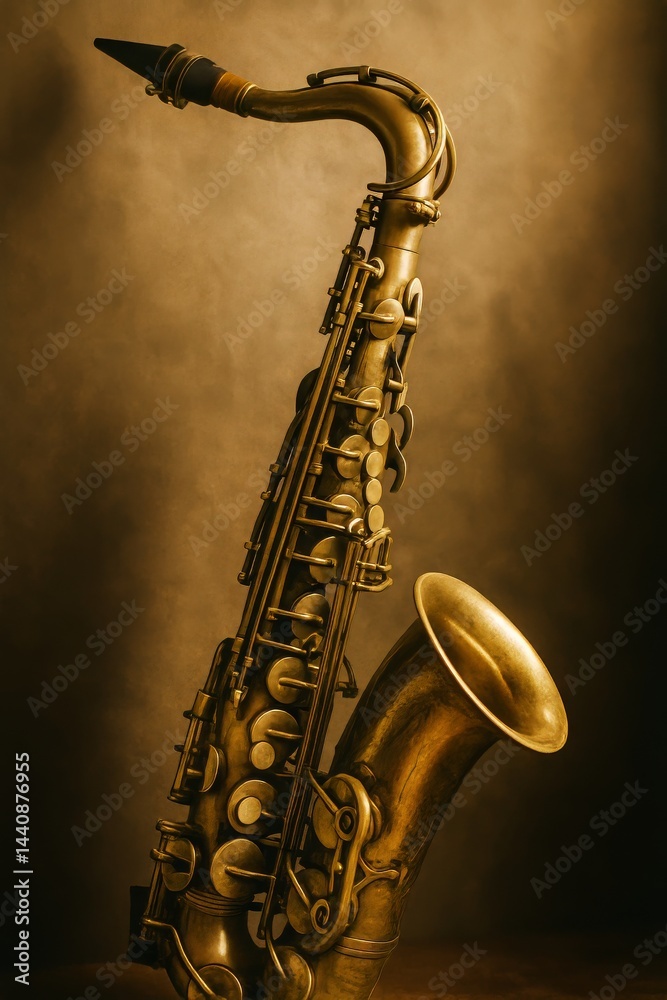 Classic Saxophone Displayed on a Simple Background Highlighting Its Craftsmanship and Design Details