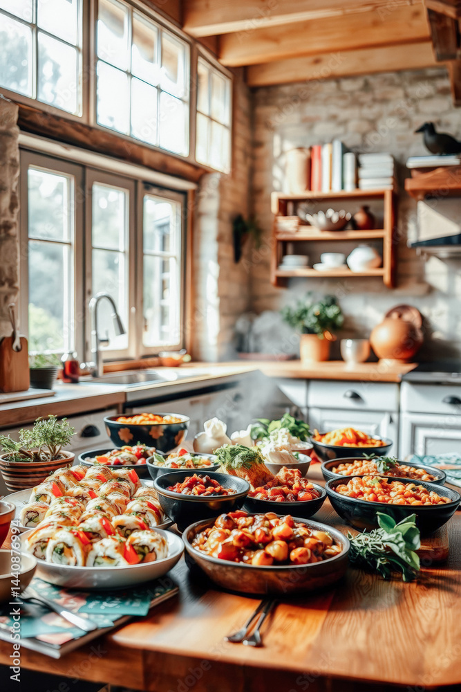 Diverse Culinary Delights on a Wooden Table
