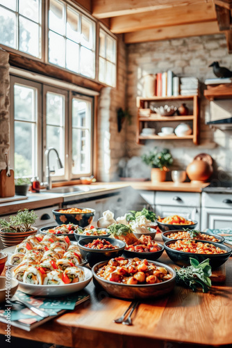 Diverse Culinary Delights on a Wooden Table