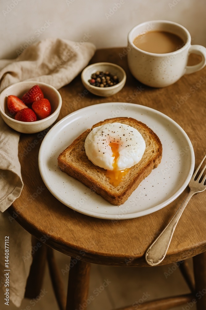 Delicious Breakfast With Poached Egg on Toast Served With Coffee and Strawberries