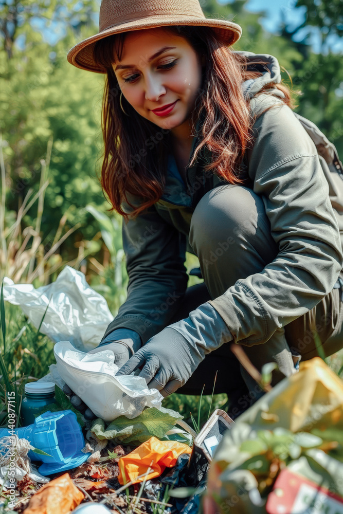 Woman Cleaning Up Litter in the Forest