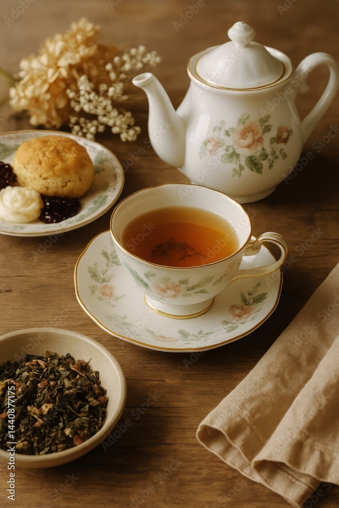 Delicate Teacup With Freshly Brewed Herbal Tea and Scones on Wooden Table During Afternoon Tea Time