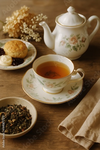 Obraz na płótnie Delicate Teacup With Freshly Brewed Herbal Tea and Scones on Wooden Table During Afternoon Tea Time w salonie