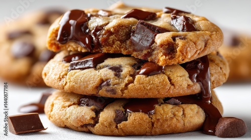 a fresh batch of chocolate chip cookies with melted chocolate chunks on a white isolated background, gooey and delicious design