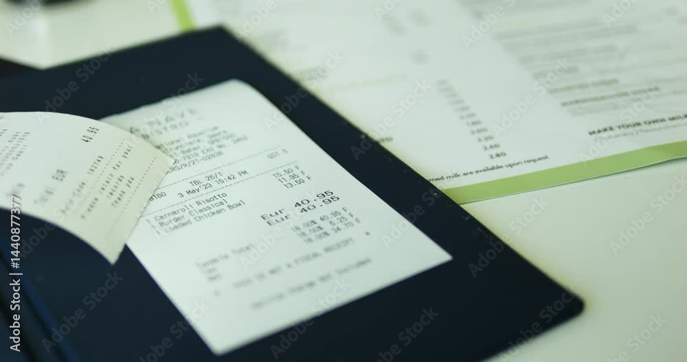 Small check with prices for dishes and total amount lies on bill folder put on table. Receipt symbolizes end of event and preparation for payment process 