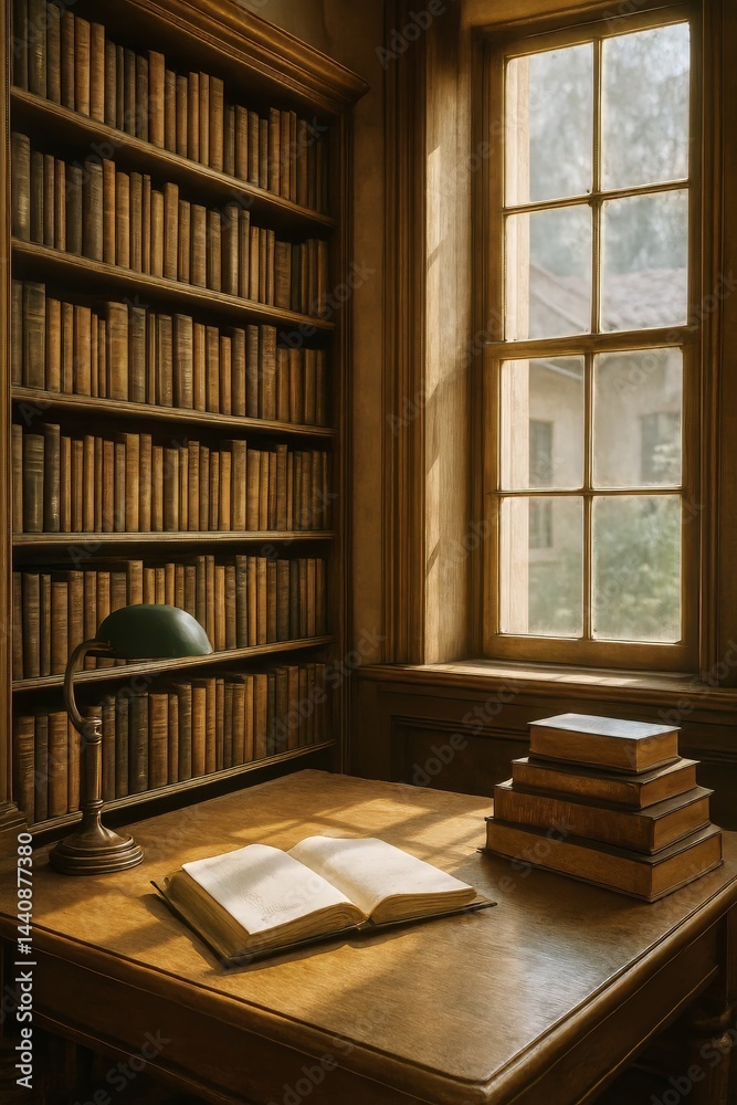 Warm Light Fills a Cozy Library With Wooden Shelves and Open Books on a Table in the Afternoon