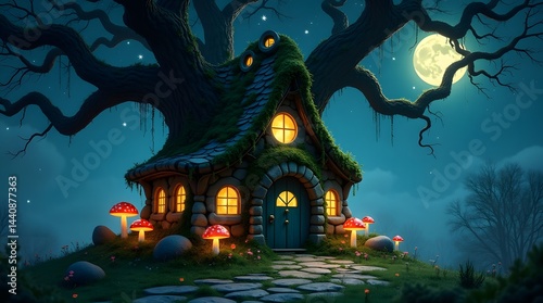 A whimsical fairy tale cottage nestled beneath a twisted tree, glowing warmly under a full moon.