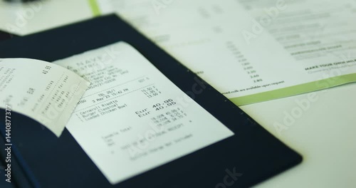 Small check with prices for dishes and total amount lies on bill folder put on table. Receipt symbolizes end of event and preparation for payment process 