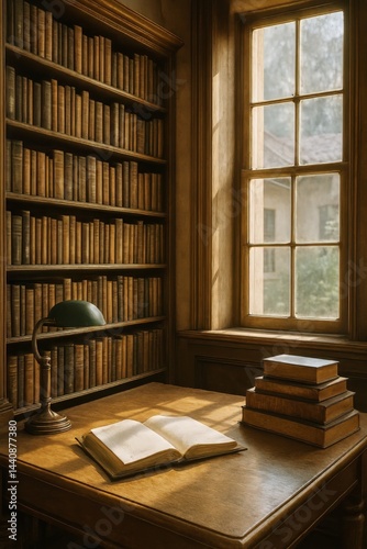 Obraz na płótnie Warm Light Fills a Cozy Library With Wooden Shelves and Open Books on a Table in the Afternoon w salonie