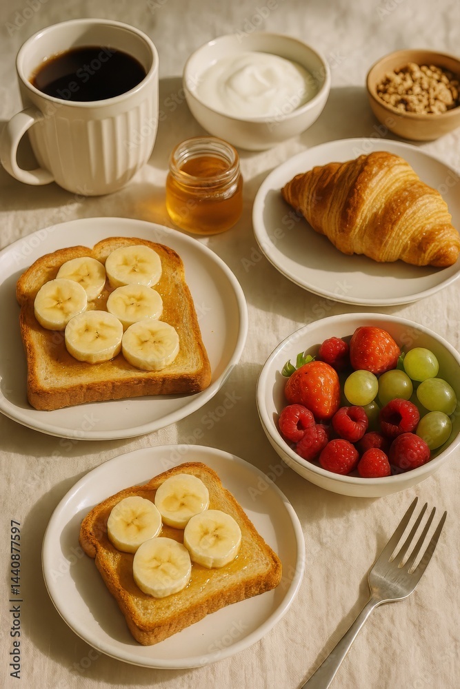 Enjoying a Delicious Breakfast With Croissant, Scrambled Eggs, Strawberries, and Coffee in a Cozy Setting