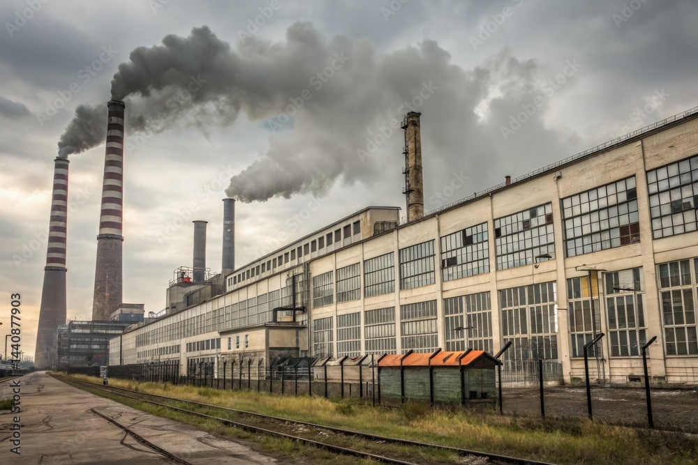 Fototapeta premium Factory With Large Smokestacks Releasing Dark Smoke Into Sky Generative AI