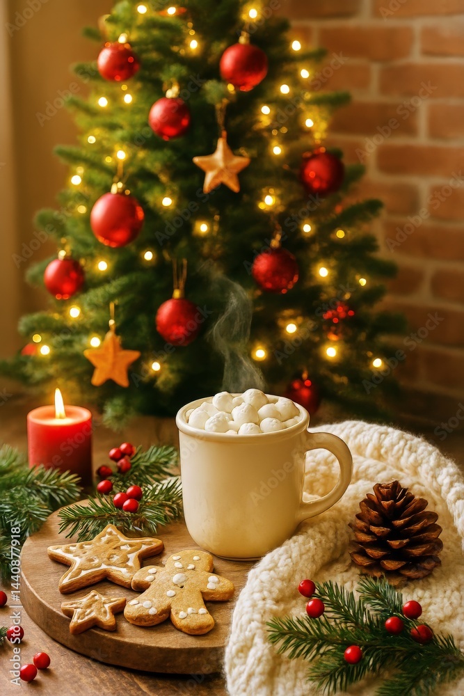 Warm Cup of Cocoa With Marshmallows Beside Holiday Decorations and Festive Treats