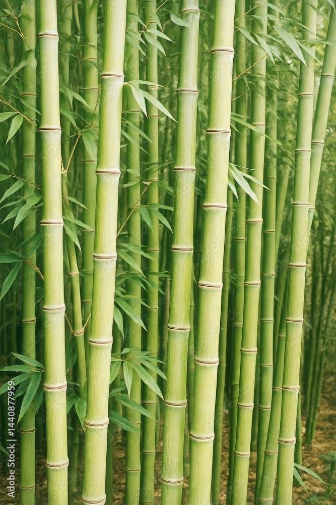 Green Bamboo Stalks Create a Serene Atmosphere in a Peaceful Forest Setting