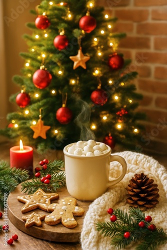 Obraz na płótnie Warm Cup of Cocoa With Marshmallows Beside Holiday Decorations and Festive Treats w salonie
