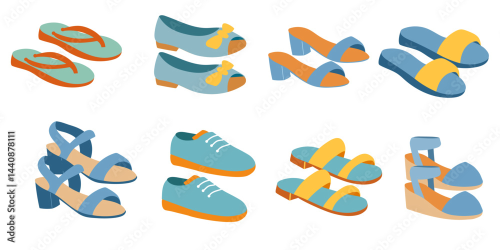 Blue summer shoes set on white background. Trendy shoes. Blue summer shoes set on white background. Trendy shoes.