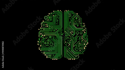 AI brain logo made of circuit board, vector graphic on black background