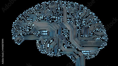 AI brain logo made of circuit board, vector graphic on black background