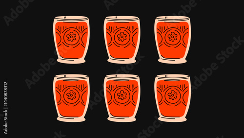 Colorful cartoon-style cocktails — funky summer drinks in assorted glassware, tumblers, goblets, jars, vessels, flutes, and cups